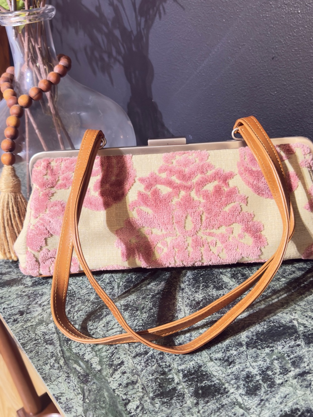 Glenda Gies Pink Floral Chenille Clutch with Tan Shoulder Straps